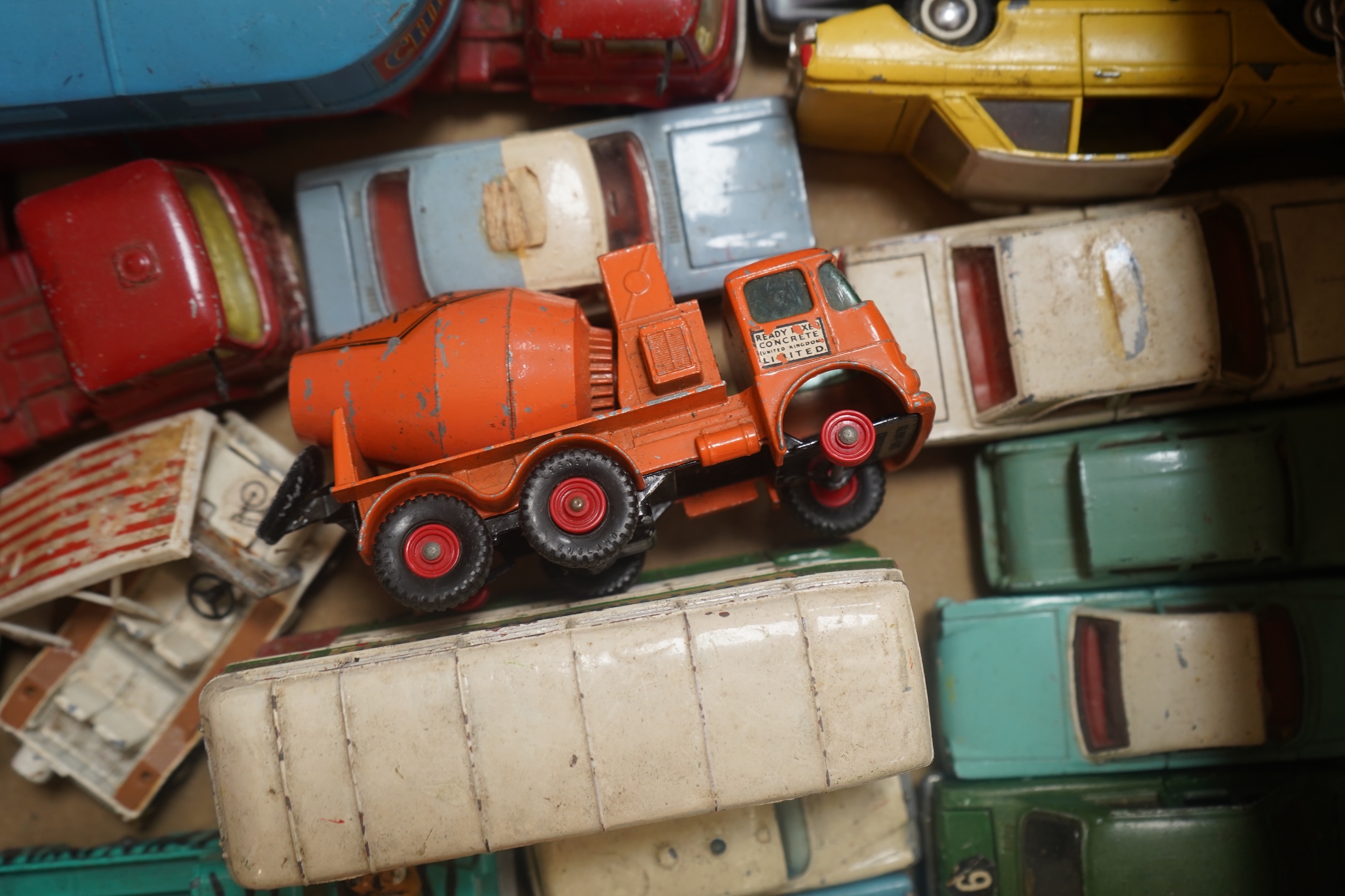 A collection of diecast vehicles by Dinky Toys, Corgi Toys, Husky, Matchbox Series, etc. including a good selection of French Dinky Toys military vehicles, original Chipperfields Circus vehicles, cars, commercial vehicle